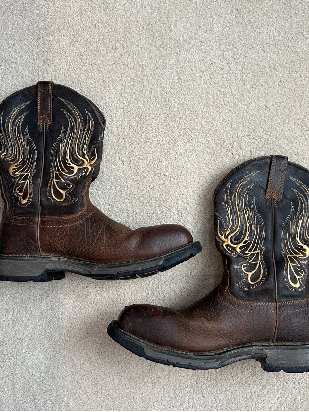 Ariat Workhog Brown Leather Cowboy Boots with Embroidered Flame Design